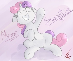 Size: 934x779 | Tagged: dead source, safe, artist:crade, sweetie belle, pony, unicorn, g4, belly button, eyes closed, floppy ears, happy, horn, moar, raised leg, smiling, underhoof