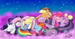 Size: 850x447 | Tagged: safe, artist:chocolatechilla, applejack, fluttershy, pinkie pie, rainbow dash, rarity, spike, twilight sparkle, dragon, earth pony, pegasus, pony, unicorn, g4, cuddle puddle, female, male, mane seven, mane six, mare, sleeping, unicorn twilight