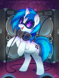 Size: 759x1000 | Tagged: safe, artist:onnanoko, dj pon-3, vinyl scratch, pony, g4, female, headphones, rearing, solo, speaker