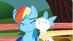 Size: 853x480 | Tagged: safe, edit, edited screencap, screencap, fluttershy, mitsy, rainbow dash, cat, pony, g4, may the best pet win, animated, cute, dashabetes, eyes closed, female, inverted mouth, loop, nuzzling, offscreen character, smiling, snuggling, squishy cheeks