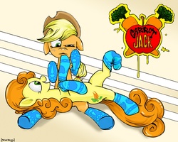 Size: 1280x1024 | Tagged: safe, artist:majorbrons, applejack, carrot top, golden harvest, g4, carrotjack, clothes, shipping, socks