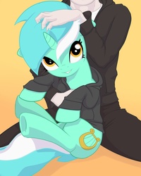 Size: 1250x1565 | Tagged: safe, artist:insomniacovrlrd, lyra heartstrings, human, pony, unicorn, fanfic:background pony, g4, clothes, commissioner:shortskirtsandexplosions, cute, grin, hand, hoodie, hug, human on pony petting, looking up, petting, sitting, smiling, underhoof