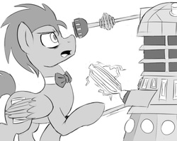 Size: 1000x800 | Tagged: safe, artist:crade, discord, doctor whooves, time turner, pegasus, pony, ask discorded whooves, g4, bowtie, crossover, dalek, discord whooves, doctor who, duo, male, monochrome, simple background, stallion, the doctor, white background
