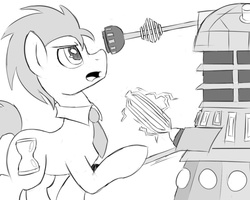 Size: 1000x800 | Tagged: safe, artist:crade, doctor whooves, time turner, alien, earth pony, pony, g4, crossover, dalek, doctor who, duo, male, monochrome, necktie, stallion, the doctor