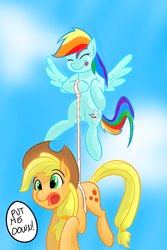 Size: 720x1080 | Tagged: safe, artist:martinhello, applejack, rainbow dash, g4, flying, put me down