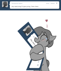 Size: 666x766 | Tagged: safe, artist:djparadroid, oc, oc:reggie, earth pony, pony, ask a regular pony, ask, crying, earth pony oc, floppy ears, hug, solo, tears of joy, tumblr