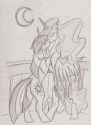 Size: 900x1235 | Tagged: safe, artist:100yearslater, princess luna, twilight sparkle, g4, female, lesbian, making out, monochrome, moon, ship:twiluna, shipping, sketch, traditional art