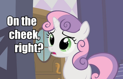 Size: 827x531 | Tagged: safe, edit, edited screencap, screencap, sweetie belle, pony, unicorn, g4, caption, female, filly, image macro, implied kissing, out of context, text