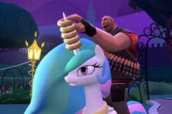 Size: 1280x851 | Tagged: safe, artist:i-disregard-gravity, princess celestia, g4, crossover, donut, gmod, heavy (tf2), horn, horn grab, team fortress 2