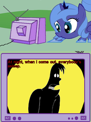 Size: 563x752 | Tagged: safe, princess luna, pony, g4, darkness, darkness (pajama sam), exploitable meme, humongous entertainment, meme, no need to hide when it's dark outside, pajama man, pajama sam, tv meme