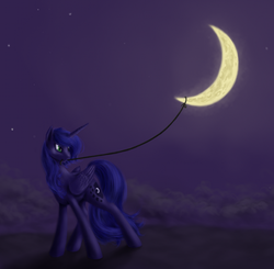 Size: 1000x978 | Tagged: safe, artist:grayma1k, princess luna, alicorn, pony, g4, celestial mechanics, female, moon, mouth hold, night, pulling, rope, solo, tangible heavenly object