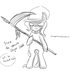 Size: 1000x1000 | Tagged: safe, artist:maplesunrise, trixie, pony, g4, 30 minute art challenge, bipedal, costume, female, monochrome, scythe, solo