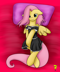 Size: 1000x1205 | Tagged: safe, artist:btbunny, fluttershy, pegasus, pony, g4, bed, clothes, female, fluttermaid, looking at you, maid, mare, pillow, solo