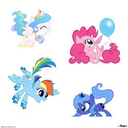 Size: 1500x1500 | Tagged: safe, artist:olegsavoskin, pinkie pie, princess celestia, princess luna, rainbow dash, pony, g4, balloon, cewestia, cute, cutelestia, filly, simple background, woona