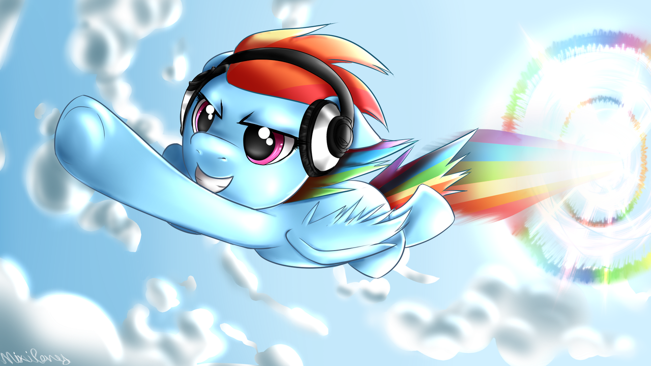 #128722 - safe, artist:mixipony, rainbow dash, pony, female, flying, headph...