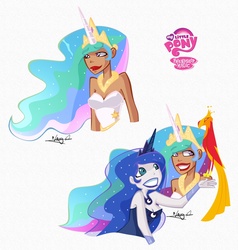 Size: 1123x1179 | Tagged: safe, artist:luigirivera, philomena, princess celestia, princess luna, human, phoenix, g4, breasts, cleavage, ethereal hair, female, horn, horned humanization, humanized, royal sisters, simple background, sisters