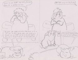 Size: 3272x2526 | Tagged: safe, artist:santanon, fluffy pony, amputee, comic, crying, monochrome, psychological abuse, twixie empiwe, van gogh and prissy