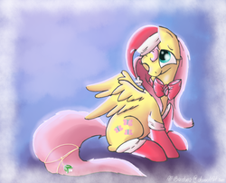 Size: 980x790 | Tagged: safe, artist:nos-talgia, fluttershy, pony, g4, bow, christmas, clothes, female, hat, present, santa hat, sitting, socks, solo, wink