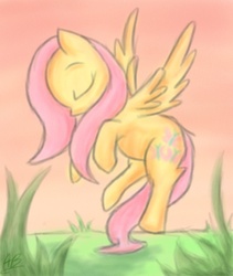 Size: 650x770 | Tagged: safe, artist:nos-talgia, fluttershy, pegasus, pony, g4, eyes closed, female, flying, grass, mare, profile, signature