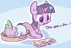 Size: 741x501 | Tagged: source needed, safe, artist:php27, artist:rustydooks, spike, twilight sparkle, dragon, pony, unicorn, g4, book, cute, dialogue, duo, eyes closed, mama twilight, prone, reading, sleeping, spikabetes, spikelove, twiabetes, unicorn twilight