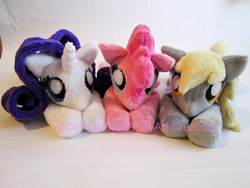 Size: 900x675 | Tagged: artist needed, safe, derpy hooves, fluttershy, pinkie pie, pegasus, pony, g4, beanie (plushie), female, irl, mare, photo, plushie