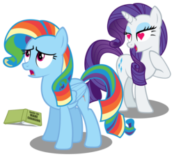 Size: 5938x5340 | Tagged: safe, artist:austiniousi, rainbow dash, rarity, pegasus, pony, unicorn, g4, absurd resolution, alternate hairstyle, duo, duo female, female, heart, heart eyes, hilarious in hindsight, mare, rainbow fash, simple background, transparent background, vector, wingding eyes