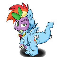 Size: 1034x992 | Tagged: safe, artist:blueray-z, rainbow dash, spike, dragon, g4, clothes, costume, element of loyalty, elements of harmony, footed sleeper, kigurumi, male, new rainbow dash, pajamas, solo