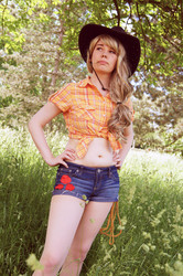 Size: 3264x4912 | Tagged: safe, artist:koneco-chan, applejack, human, g4, belly button, clothes, cosplay, front knot midriff, irl, irl human, midriff, mouth hold, photo, shorts, solo, straw