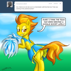 Size: 1232x1226 | Tagged: safe, artist:pluckyninja, spitfire, pegasus, pony, tumblr:sexy spitfire, g4, ask, bedroom eyes, butt, cheerleader, female, mare, plot, solo, stupid sexy spitfire