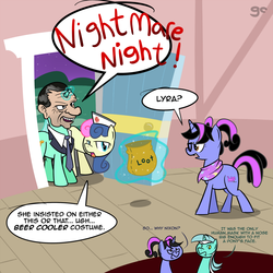 Size: 1000x1000 | Tagged: safe, artist:grilledcat, bon bon, lyra heartstrings, sweetie drops, oc, oc:pixelkitties, human, g4, american presidents, bag, clothes, costume, crossover, hat, magic, mask, necktie, richard nixon, speech bubble, telekinesis, wat