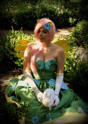 Size: 1614x2262 | Tagged: safe, artist:ringo-chu, fluttershy, human, g4, belly button, clothes, cosplay, dress, gala dress, irl, irl human, photo, solo