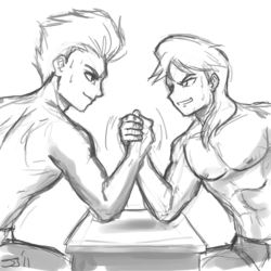 Size: 900x900 | Tagged: safe, artist:johnjoseco, braeburn, soarin', human, g4, arm wrestling, clothes, grayscale, humanized, monochrome, topless