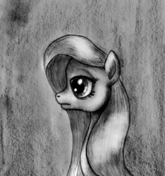 Size: 1140x1220 | Tagged: safe, artist:ksopies, fluttershy, pegasus, pony, g4, bust, female, frown, grayscale, lidded eyes, long neck, mare, monochrome, portrait, profile, solo, traditional art