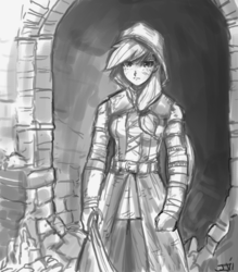 Size: 800x913 | Tagged: safe, artist:johnjoseco, applejack, human, g4, dark souls, grayscale, humanized, monochrome, parody, wanderer