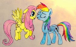 Size: 2592x1596 | Tagged: safe, artist:ksopies, fluttershy, rainbow dash, g4, colored, female, imminent kissing, kissing, lesbian, ship:flutterdash, shipping, traditional art