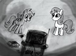 Size: 2482x1846 | Tagged: safe, artist:ksopies, scootaloo, sweetie belle, g4, television, traditional art