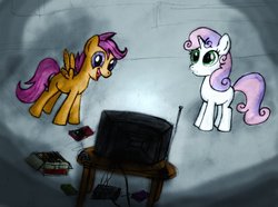 Size: 2482x1846 | Tagged: safe, artist:ksopies, scootaloo, sweetie belle, g4, colored, television, traditional art