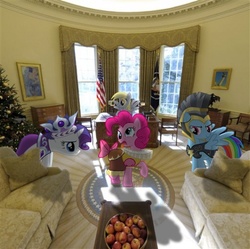 Size: 481x480 | Tagged: safe, artist:destructodash, chancellor puddinghead, commander hurricane, derpy hooves, pinkie pie, princess platinum, rainbow dash, rarity, pony, g4, irl, oval office, photo, ponies in real life, vector