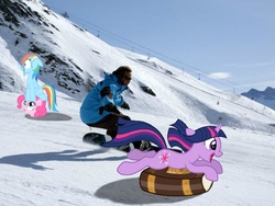Size: 2560x1920 | Tagged: safe, artist:paris7500, pinkie pie, rainbow dash, twilight sparkle, human, pony, g4, book, irl, photo, ponies in real life, ski lift, snow, snowboard, vector