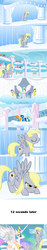 Size: 497x2640 | Tagged: safe, artist:stonebolt, derpy hooves, misty fly, princess celestia, soarin', spitfire, alicorn, pegasus, pony, g4, clothes, comic, cracks, day, female, fourth wall, fourth wall destruction, mare, royal guard, sky, sonic rainboom, uniform, wonderbolts, wonderbolts uniform