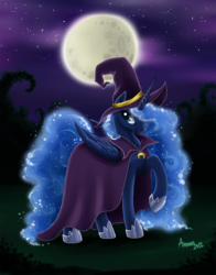 Size: 1173x1500 | Tagged: safe, artist:amenoo, princess luna, pony, g4, costume, female, moon, nightmare night, raised hoof, smiling, solo