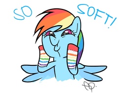 Size: 640x480 | Tagged: safe, artist:yikomega, rainbow dash, pony, g4, clothes, dashface, female, rainbow socks, socks, solo, striped socks