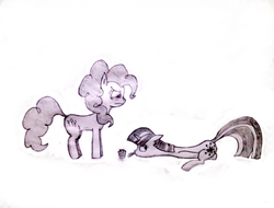 Size: 929x705 | Tagged: safe, artist:raonddooggung, pinkie pie, twilight sparkle, g4, cupcake, monochrome, traditional art