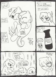 Size: 900x1238 | Tagged: safe, artist:mad-mutt, berry punch, berryshine, bon bon, lyra heartstrings, sweetie drops, earth pony, pony, g4, alcohol, beer, comic, female, lesbian, monochrome, ship:lyrabon, shipping