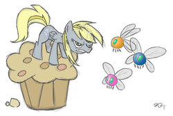Size: 900x600 | Tagged: safe, artist:yikomega, derpy hooves, parasprite, pegasus, pony, g4, female, giant muffin, mare, muffin, protecting, simple background, that pony sure does love muffins, white background