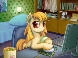 Size: 1024x768 | Tagged: safe, artist:rainbow, angel bunny, princess celestia, princess luna, oc, oc:2ch-pony, g4, 2ch, bedroom, book, computer, computer mouse, drinking, keyboard, mascot, monitor, ponified, russian
