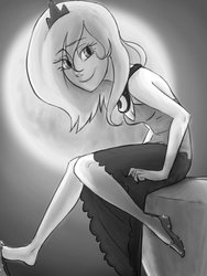 Size: 768x1024 | Tagged: safe, artist:thelivingmachine02, princess luna, human, g4, female, humanized, monochrome, moon, sitting, solo