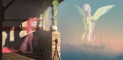 Size: 2436x1200 | Tagged: safe, artist:qsteel, fluttershy, pinkie pie, earth pony, pegasus, pony, g4, duo, goggles, smiling