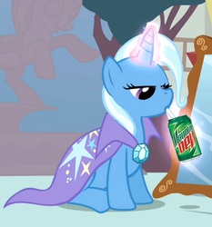 Size: 621x666 | Tagged: safe, trixie, pony, unicorn, g4, cape, clothes, drink, female, horn, magic, mare, mountain dew, soda, soda can, solo, telekinesis, trixie's cape