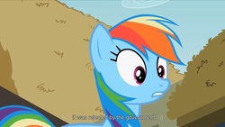 Size: 1344x756 | Tagged: safe, screencap, rainbow dash, g4, the mysterious mare do well, youtube caption